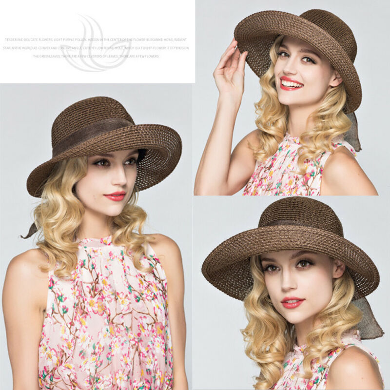 Vrouwen Dames Casaul Boho Floppy Zomer Brede Rand Lint Lace Up Strooien Hoed Strand Zon Opvouwbare Cap