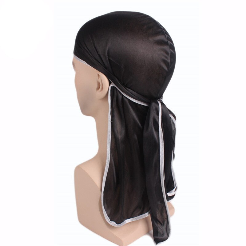 Pandebånd herre silke durags bandana turban hat parykker doo durag biker hovedbeklædning pandebånd pirat hat hårtilbehør: Sort hvid