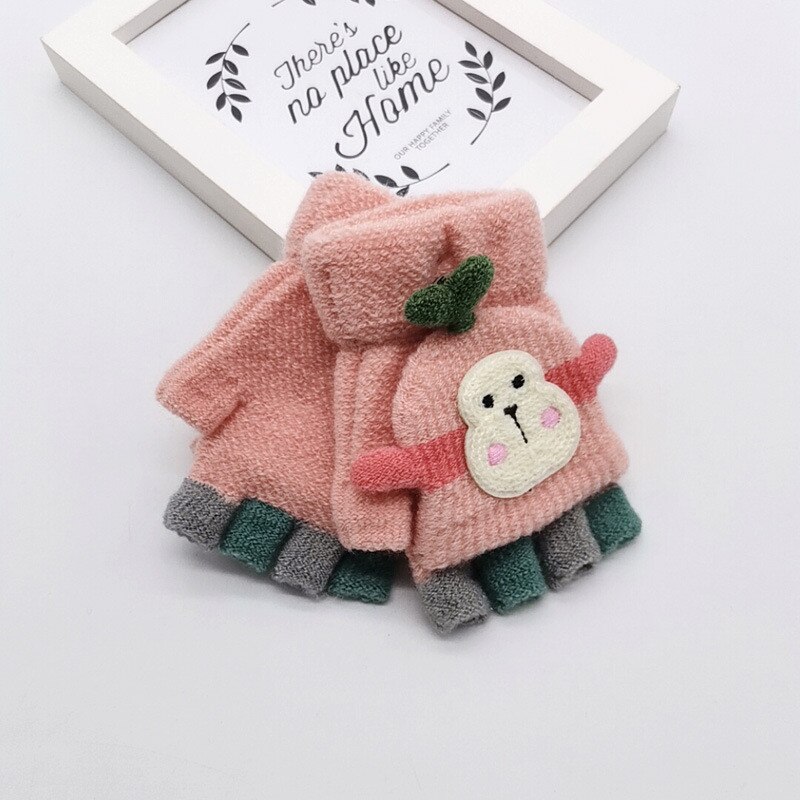 Winter Warm Child Kids Girl Boy Thick Fur Knit Gloves Neck String Mittens Children'S Woolen Monkey Gloves: 2 Pink