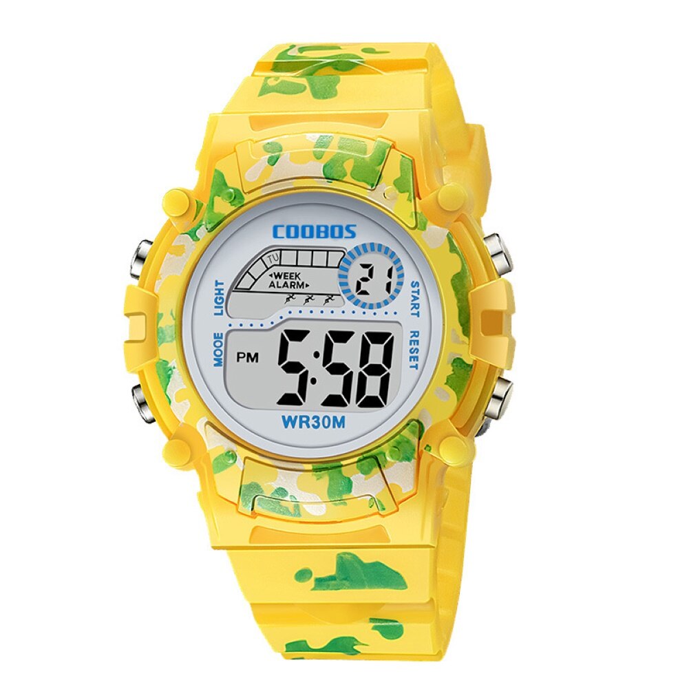 Kindersport led-display 3 bar waterdicht datum week wekker digitaal unisex kinderhorloge relogio digitaal: Geel