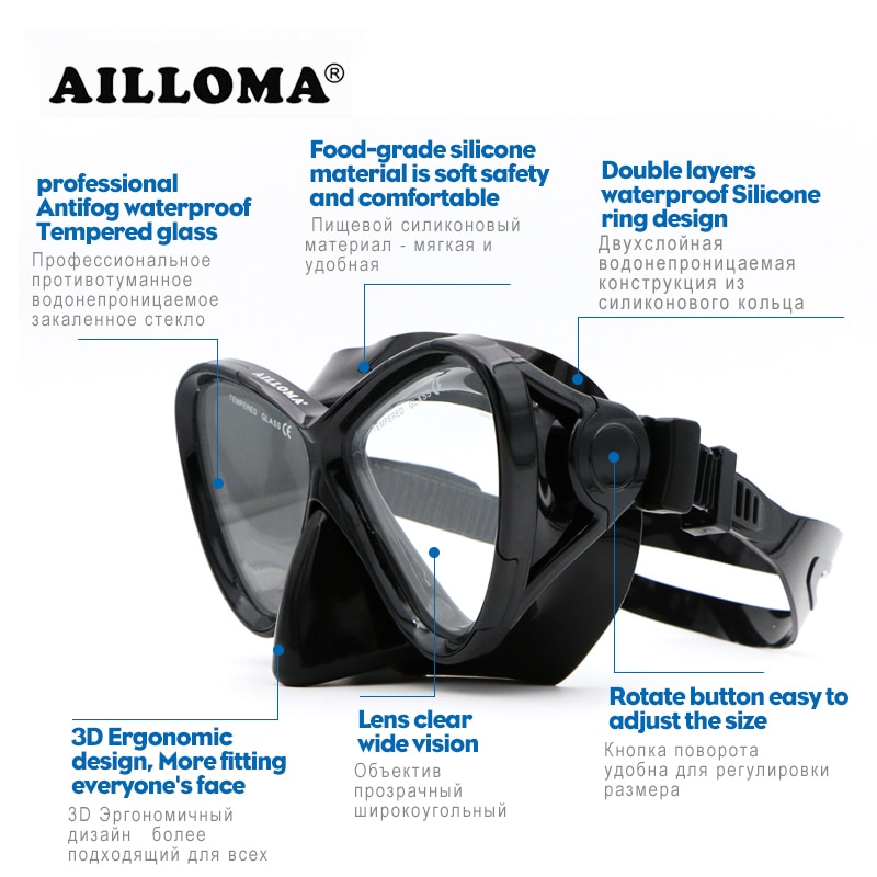 AILLOMA Wide ViSion Diving Mask Scuba Underwater Anti Fog Swimming Glasses Black Silicone Snorkeling Set For Adults Goggles
