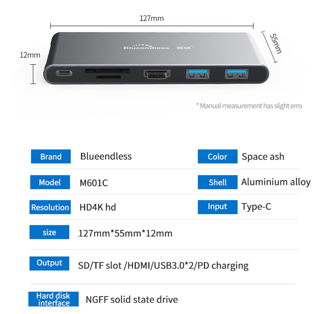 Blueendless MC601 Type-C M.2 Ssd Behuizing Hdmi-Compatibel Pd Sd Tf 2 USB3.0 Hub Adapter Usb 3.0 hoge Snelheid Poorten Type-C