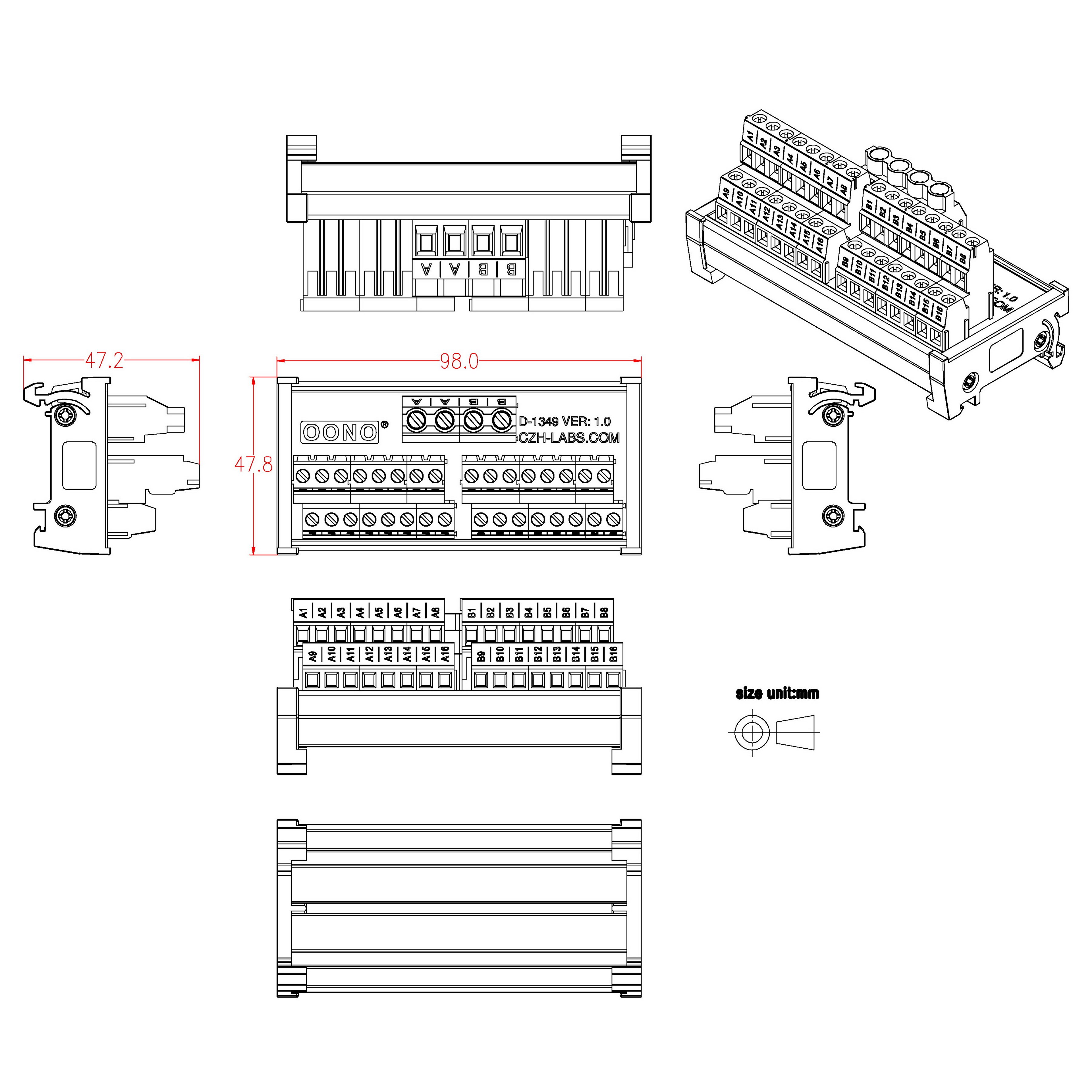 DIN Rail Mount 2x16 Position Screw Terminal Block Power Distribution Module