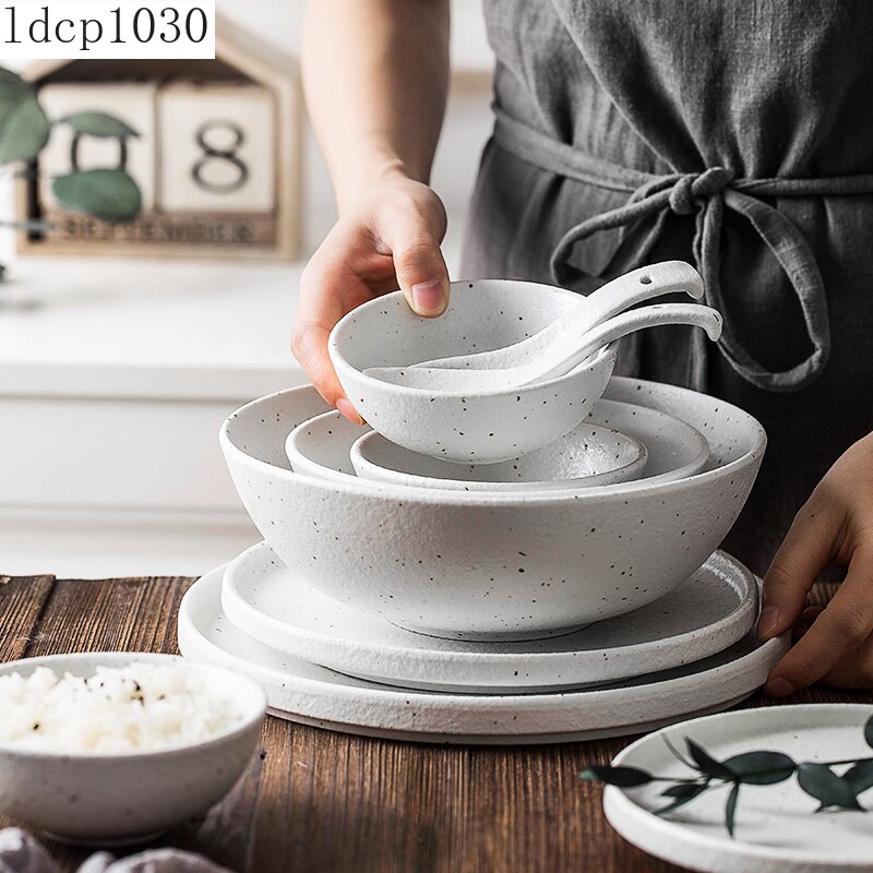 Japanese-style Tableware Set Bowls and Plates Round White Ink Point Dinner Plates Home Western Dishes Dinner Plates