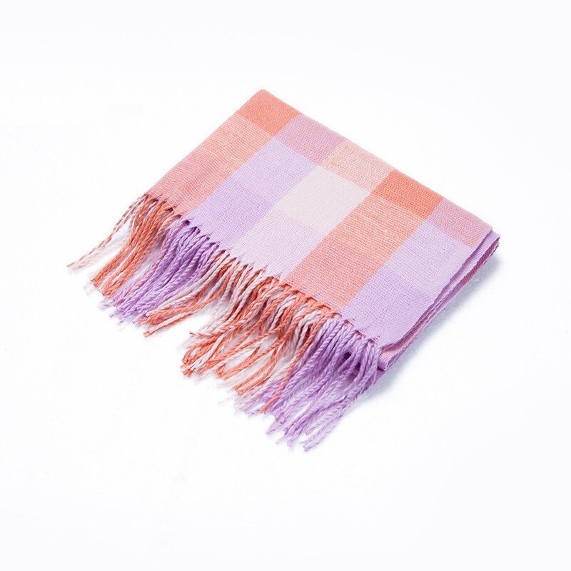 Winter Cashmere Plaid Double Fringe Scarf Women's Warm Blue Shawl