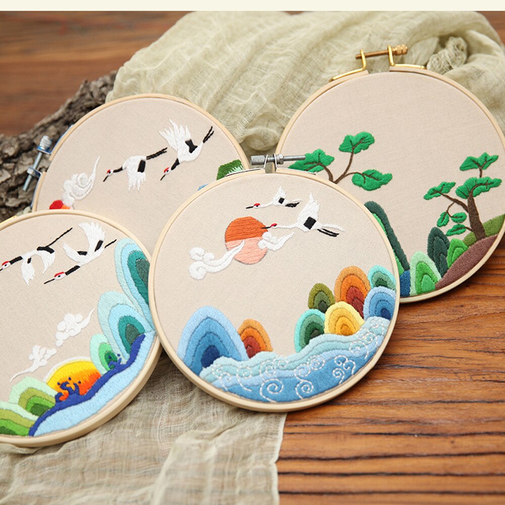 Kit de démarreur de broderie en bambou, avec motif de fleurs, de grue végétale, cerceau de broderie, fils de couleur, point de croix, bricolage