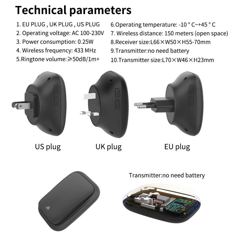 Wireless Battery-free Doorbell 433Mhz Home Welcome Smart Door Bell 150M Long Wireless Distance 32 Songs Home Welcome Door Chimes
