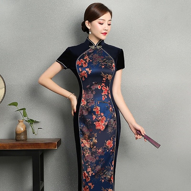 Chinese Dress Qipao Shanghai Tang Clothes Short Sleeve Velvet Cheongsam Dress Slit Robe Vintage Femme Black Vietnam Dress FF1554