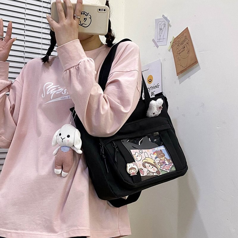 SYWIZDII Japanese Kawaii Style Backpacks for Teenage Girls Casual Nylon Female Handbags Women Crossbody Shoulder Bags: Black with doll