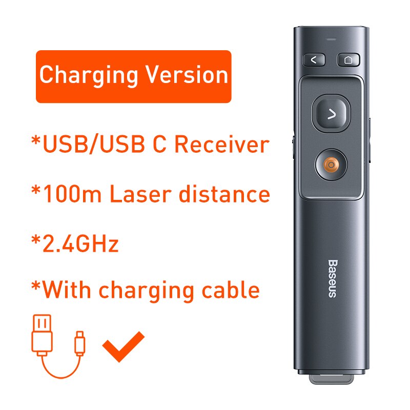 Baseus Draadloze Presenter Universele 2.4Ghz Pointer Afstandsbediening Infrarood Presenter Pen Voor Projector Powerpoint Ppt Slide: 100M Charging Type