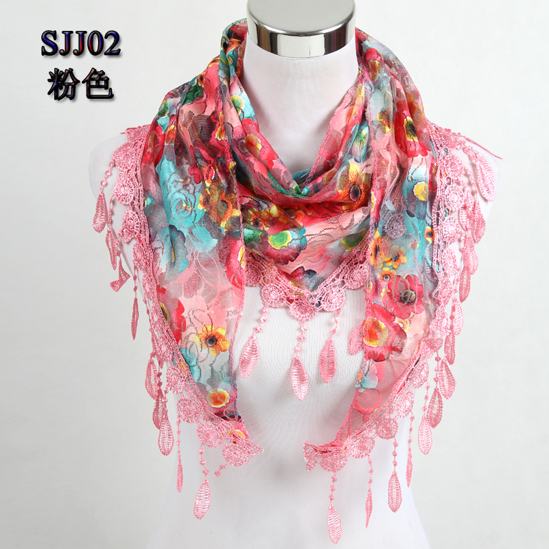 Women Triangle Scarf Lace Floral Summer Beach Tassel Scarves Chiffon Silk Wrap Pashmina Stole Foulard Hijab SJJ02: Pink