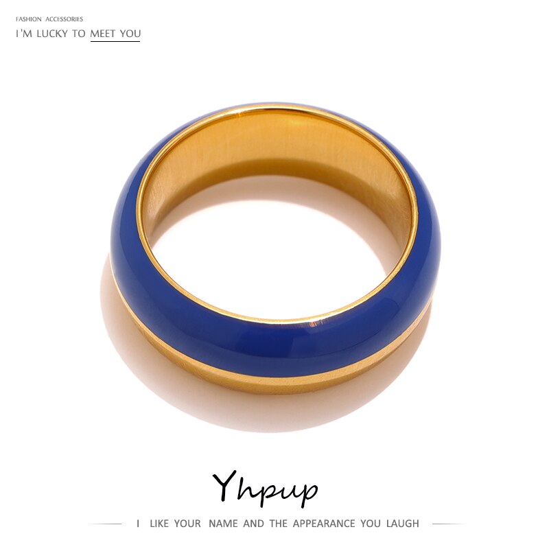 Yhpup rustfritt stål blå emaljering til kvinner trendy metall rund fingerring vanntette smykker bague acier inoxydable
