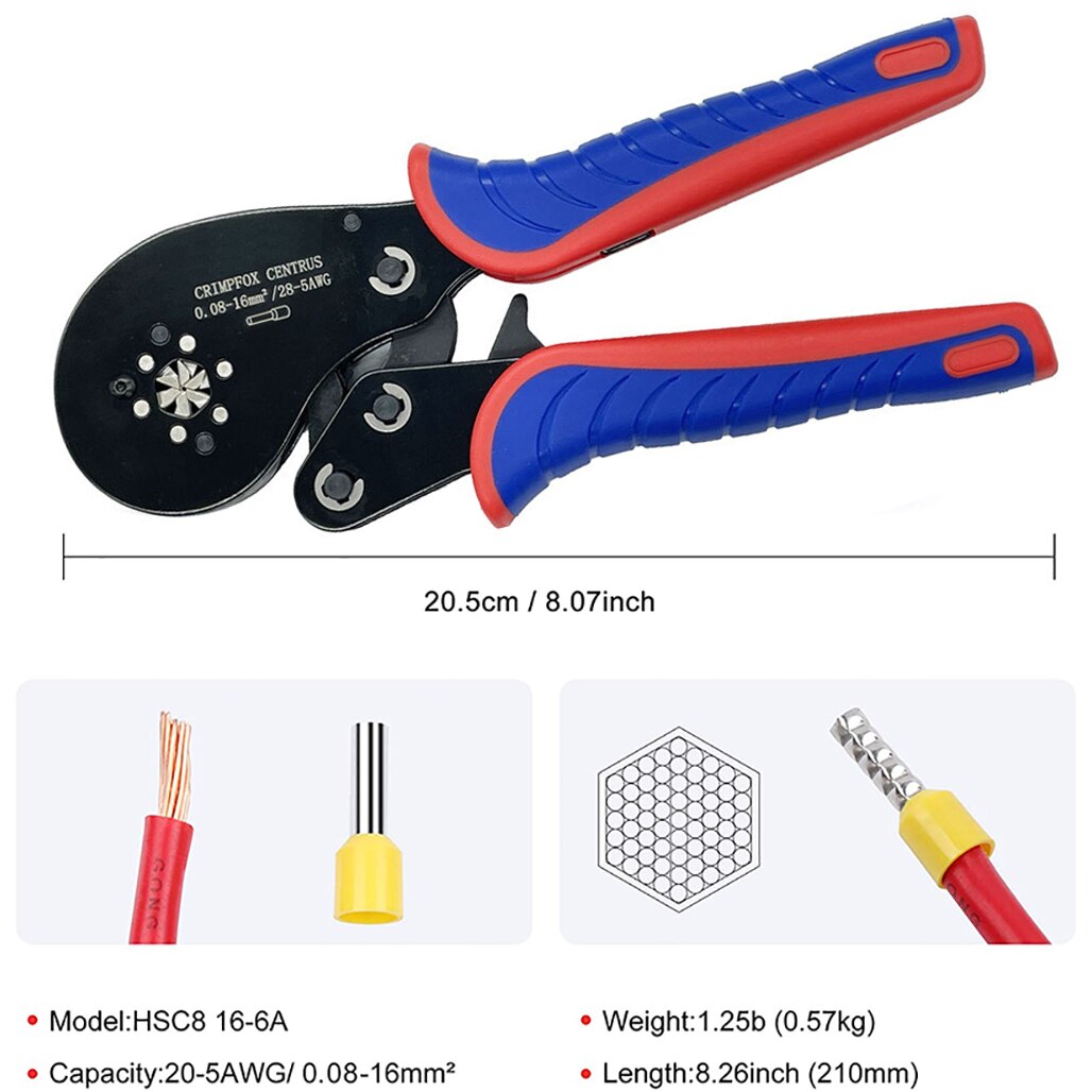 Hexagonal Ratchet Ferrule Crimping Tool Kit-Ferrule Crimper Plier 0.08-16mm² Wire Ferrules Crimp Wire Ends Terminal Connectors: HSC8 16-6