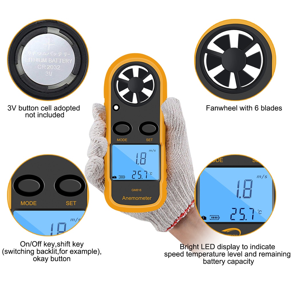 GM816 LCD Handheld Airflow Windmeter Thermometer Digital Anemometer Portable Outdoor Surfing Wind-Speed Gauge Meter 105*40*18mm