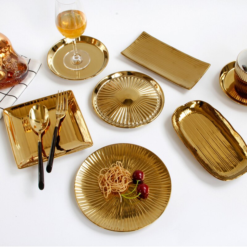EuropeanGolden ceramic plate Pizza Dessert Steak Dinner Set Porcelain Tableware Decorative pastry Fruit Salad Food Tray
