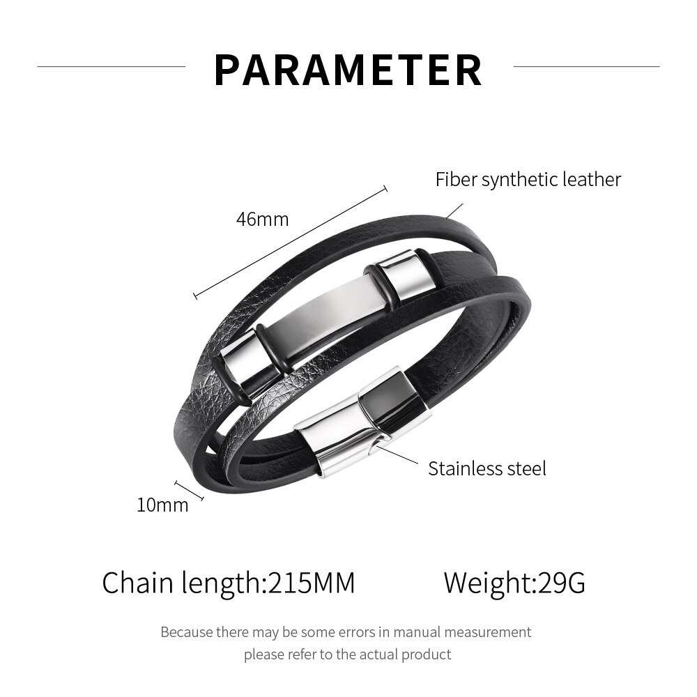 JHSL Black Leather Men Wrap Bracelets Bangles Wristlet Magnet Buckle Jewelry Stainless Steel