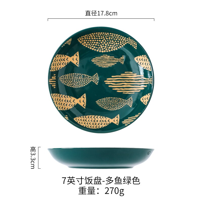 7 inch Ceramic Deep Plate Japanese Style Relief Plat Seramik Steak Dishes Flat Deep Plate Breakfast Dish Household Tableware: fish-green
