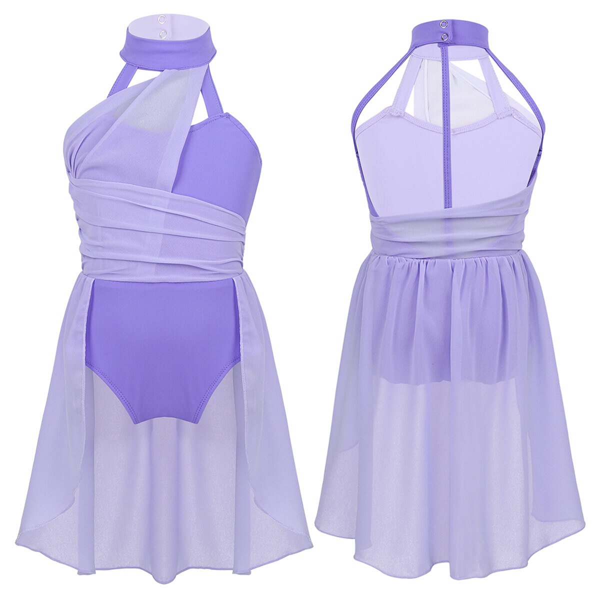 Lyrical Dance Leotard Dress for Girls Halter Cutouts Tulle Tutu Skirts Modern Ballet Dancewear Latin Jazz Ice Skating Costume