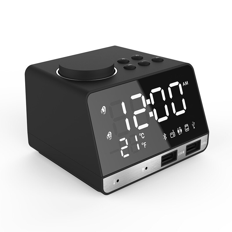 LED Digital Dual Alarm Spiegel Uhr Drahtlose Bluetooth Bass Lautsprecher FM Radio + 2 USB Ladegerät Häfen Musik Schlummern temperatur: blak uns Stecker