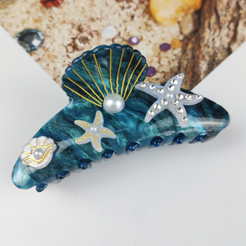 Pinzas para el cabello grandes de la serie Sea, pinzas para el cabello con concha de estrella de mar de diamante, accesorios para el cabello de acetato hechos a mano: Verde