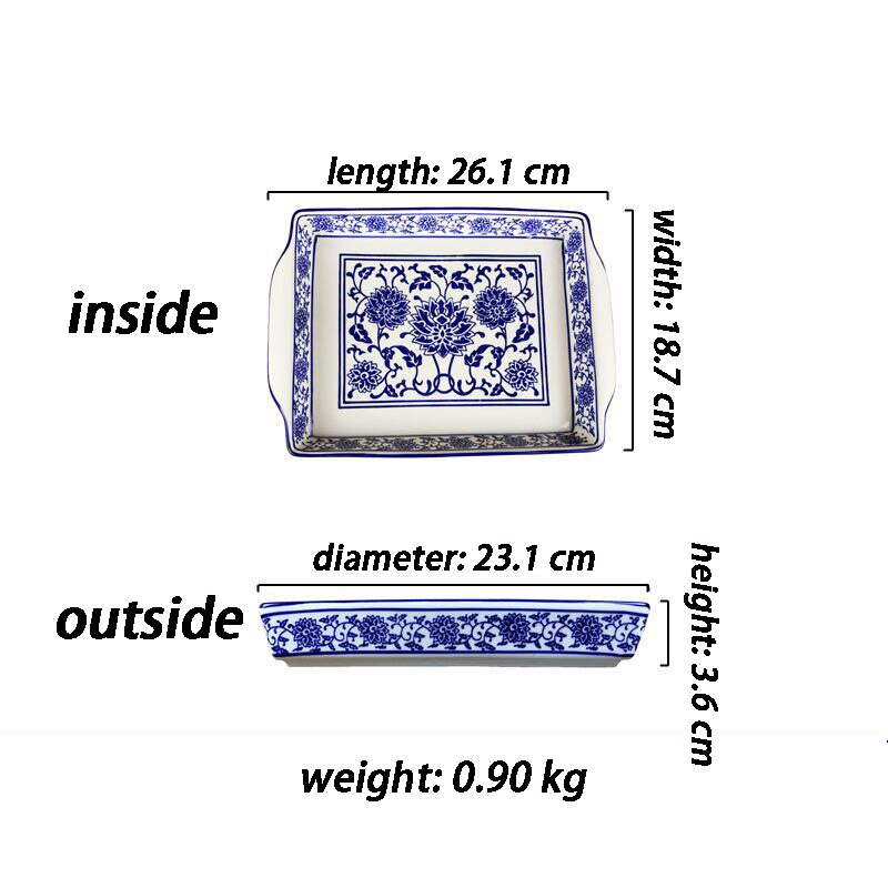 Ceramic tray storage tray rectangular retro blue and white porcelain household tea set wine tray