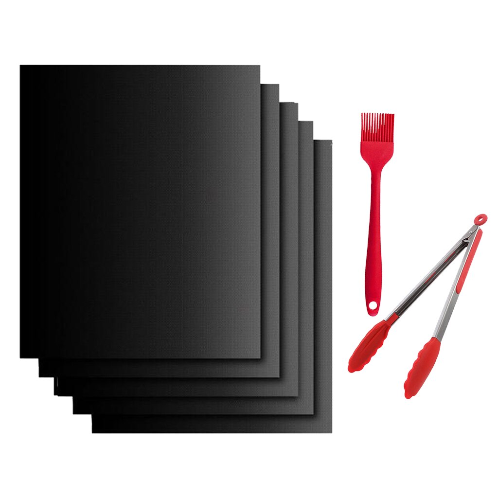 5 Pcs BBQ Meat Grill Mat Bake Sheet Reusable Non-stick Meat BBQ Grill Pads Cooking Baking Placemat With Brush & Clip Party Tools