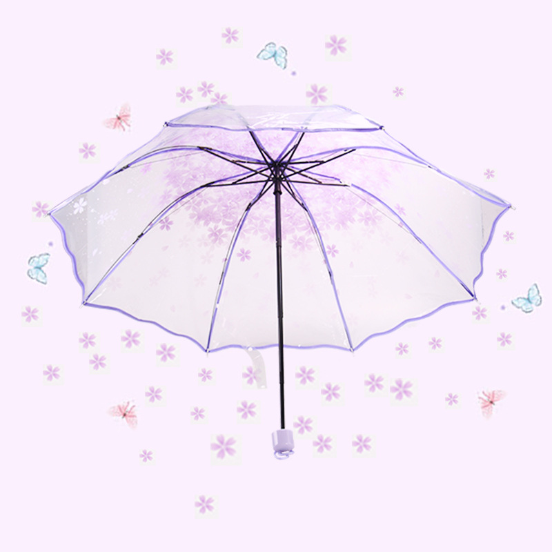 1 stk gennemsigtig paraply flerfarvet klar kirsebærblomst sakura 3 fold paraplyer, foldbart hjemmeregntøj med langt håndtag: Lilla