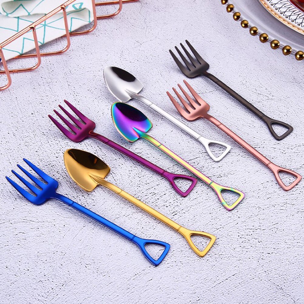 Colorful Metal Spoons Forks Stainless Steel Small Shovel Ice Cream Spoon Fork Tableware Coffee Stirring Spoon Kitchen Accessory