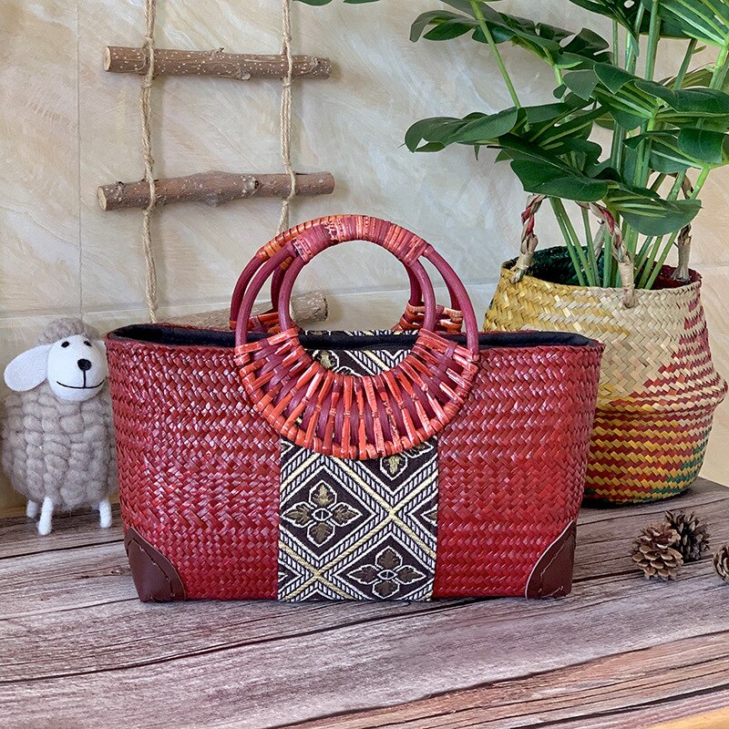 Borsa in paglia fatta a mano borsa in rattan stile etnico retrò borsa in tessuto intrecciato da donna di mezza età in bambù: red / S 28x10x16cm