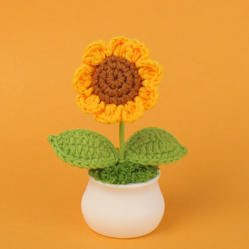 Strikket solsikke potte søt heklet gul blomst håndvevd plante bryllup skrivebordsdekor konfirmasjon flores heklet: beige