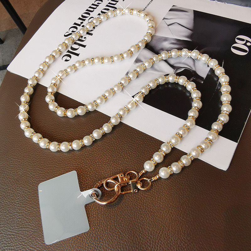 Universal Glitter Phone Lanyard Long Crossbody Necklace Chain Pearl Straps Keychain Anti-lost Sling with Patch for Phone Case: WHITE