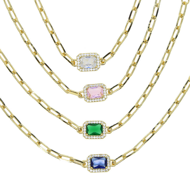 Goud Kleur Papier Clip Keten Kleurrijke Birthstone Cz Geometrische Rechthoek Charm Armband Voor Vrouwen