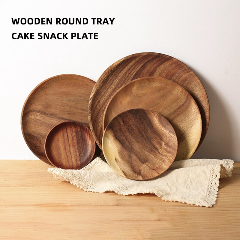 Ronde Massief Houten Plaat Hele Acacia Hout Fruit Gerechten Houten Schotel Thee Dienblad Dessert Diner Ontbijt Plaat Keuken Servies