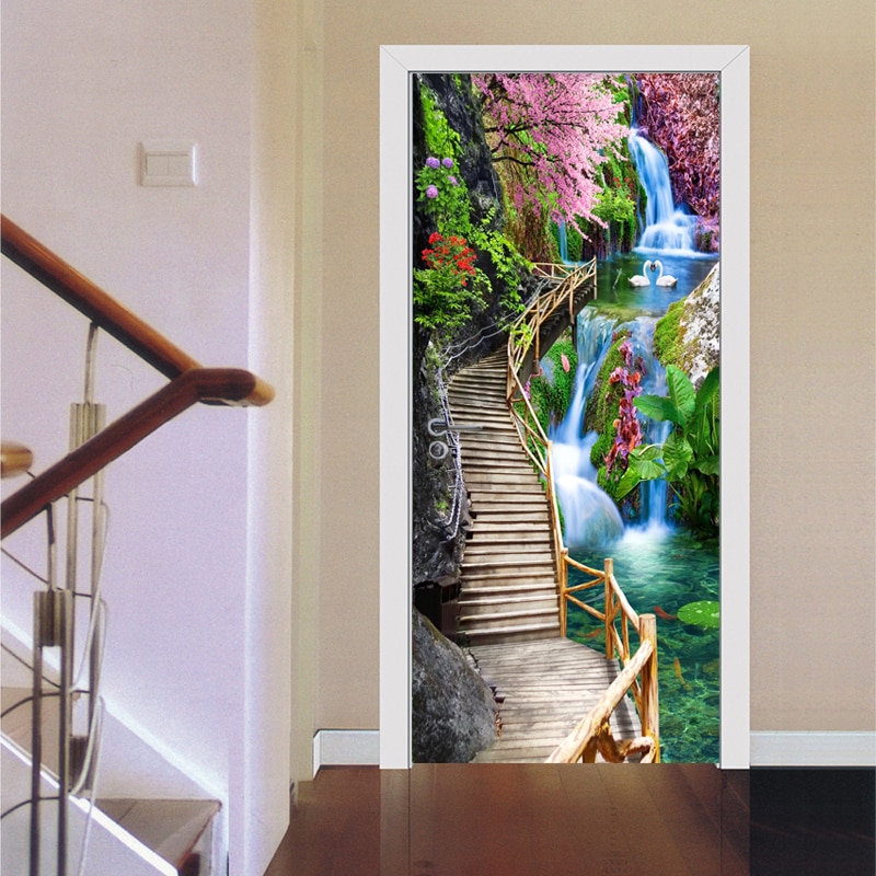 3D Stereo Waterfall Wallpaper Chinese Style Wooden Bridge Landscape PVC Door Wall Stickers Living Room Bedroom Home Door Poster