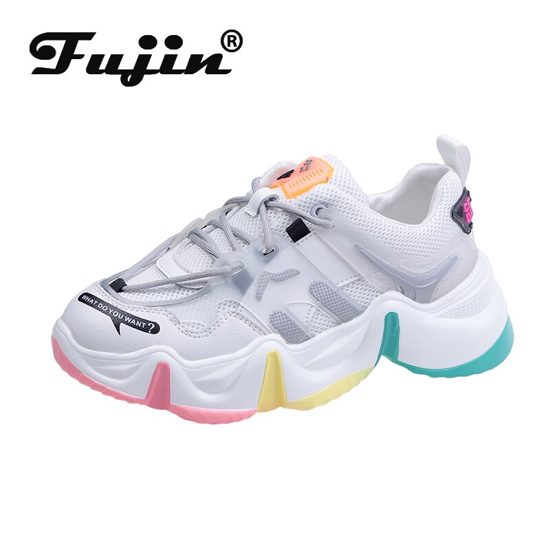 Fujin femmes baskets printemps fond épais respirant couleurs mélangées bout rond plate-forme dentelle loisirs couture femmes baskets