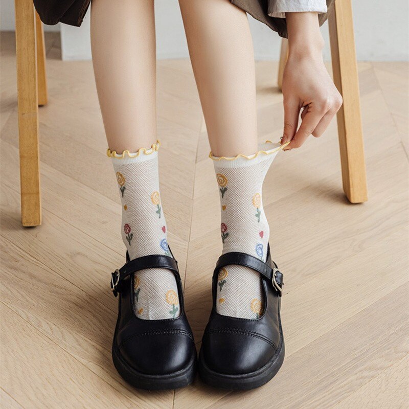 Calcetines largos con volantes para mujer, medias de estilo universitario, Harajuku, Retro