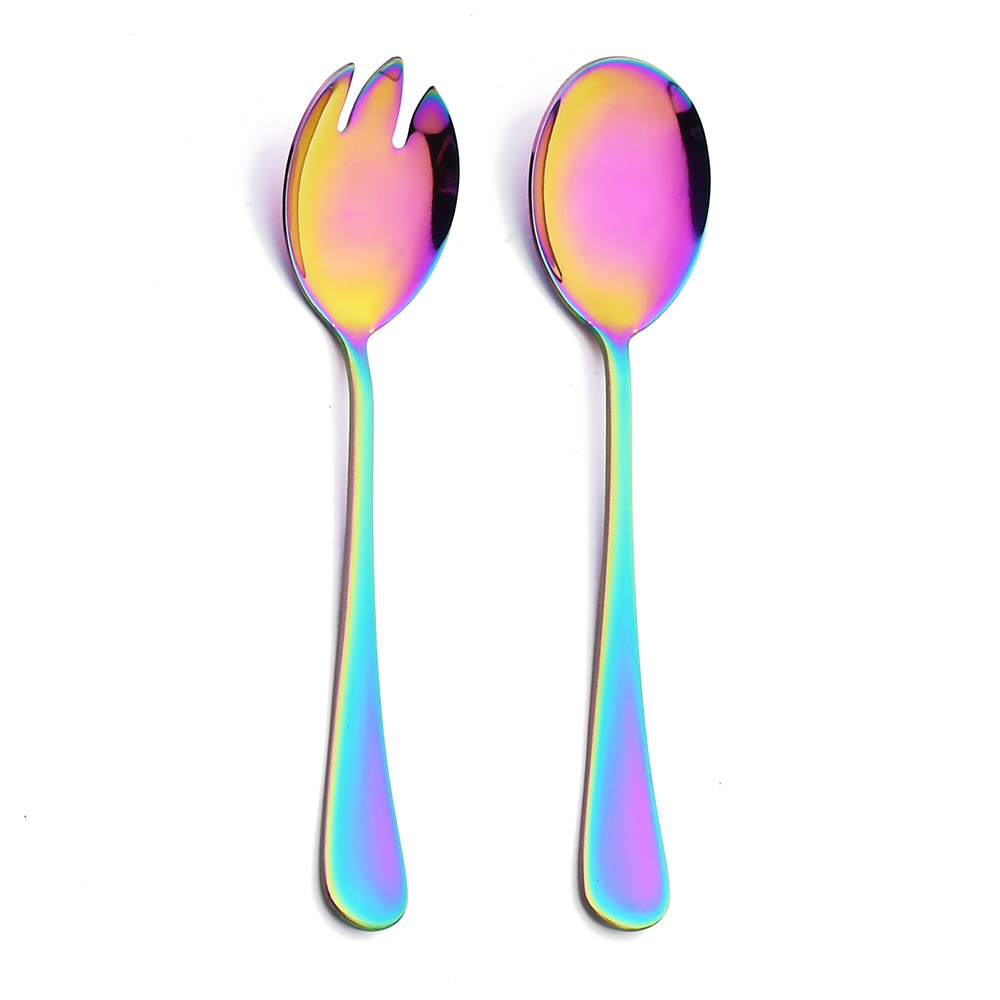 Cuchara para ensalada negra, tenedor de acero inoxidable para ensalada, postre, juego de cubiertos, cucharas para servir, accesorios de utensilios de cocina, vajilla, 2 uds.