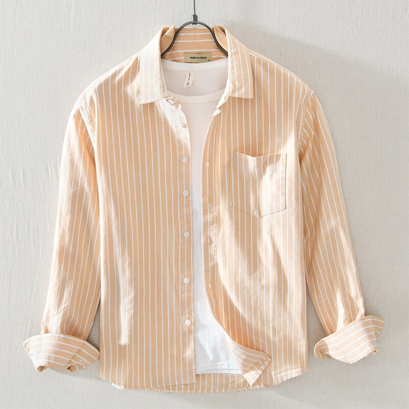 GM803 Men's Vertical Striped Shirts Long Sleeve Premium Cotton Youth Slim Fit Pocket Lapel Workwear Business Casual Tops Male: GM803 Yellow / M