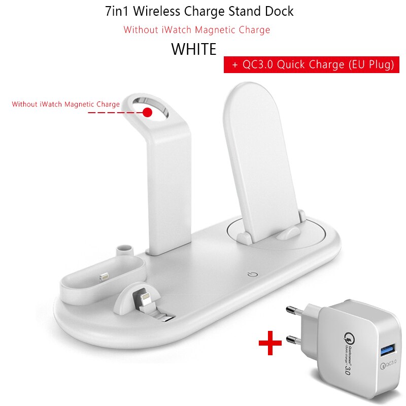 7 in 1 QI kabellos Ladegerät aufladen Dock Bahnhof Pro Apfel Airpods Android Uhr aufladen Pro IPhone 11 Profi Xiaomi Telefon Halter: weiß und QC 3.0