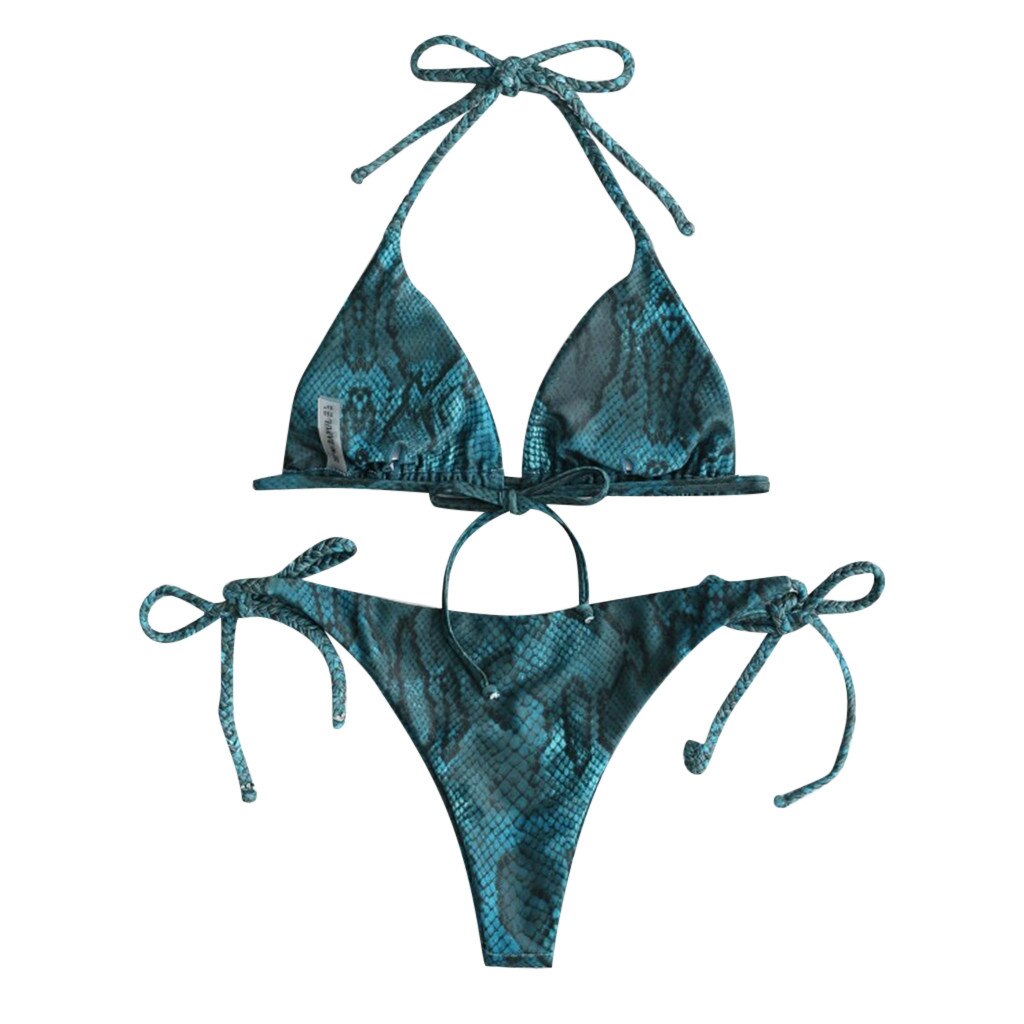 40 # femminile a vita alta costume da bagno bikini impostato pelle di serpente stampa appeso collo coulisse costumi da bagno costumi da bagno Купальник: Blu / S