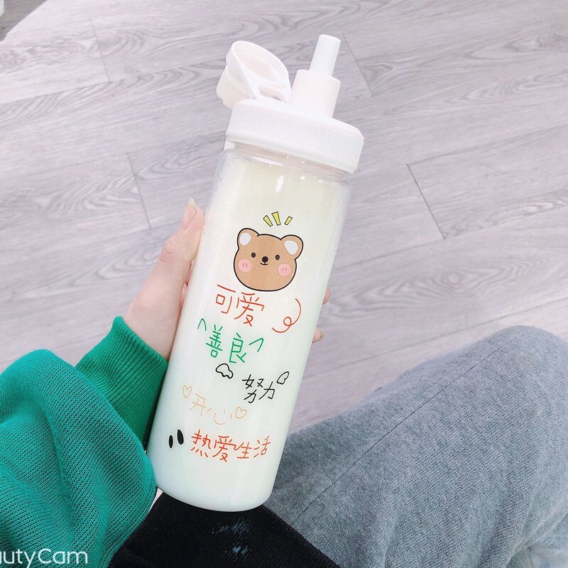 Botella de agua de cristal con pajita para niños y adultos, chupete bonito con personalidad creativa, portátil, b: transparent bear