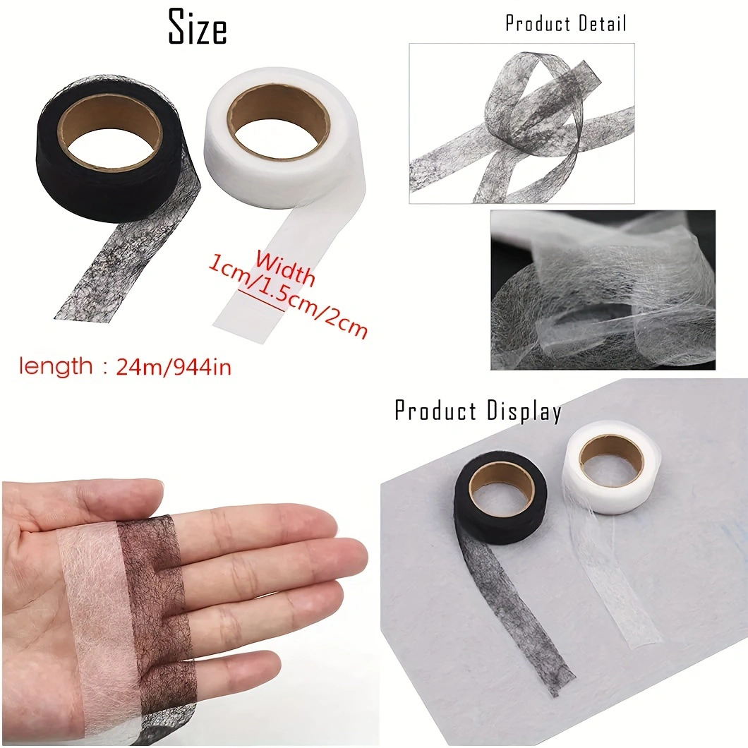2 rollos de tela adhesiva de doble cara para ropa, cinta adhesiva para planchar en el dobladillo, Web de entrelazado, accesorios de retales de costura DIY, color blanco y negro