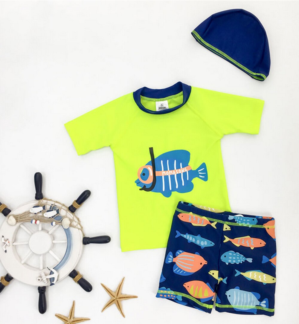 3 stk sæt drenge split badetøj børn udendørs strand badetøj sommer dykning fisk t-shirt+kort+hat badedragt