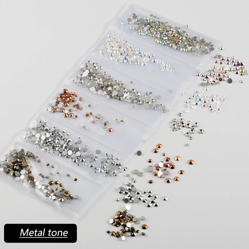 1380pcs Partitie Gemengde Size Glass Nail Strass 6 kleur Kristal Mix Maten Steentjes Voor Nagels Decoraties Strass: Metal tone