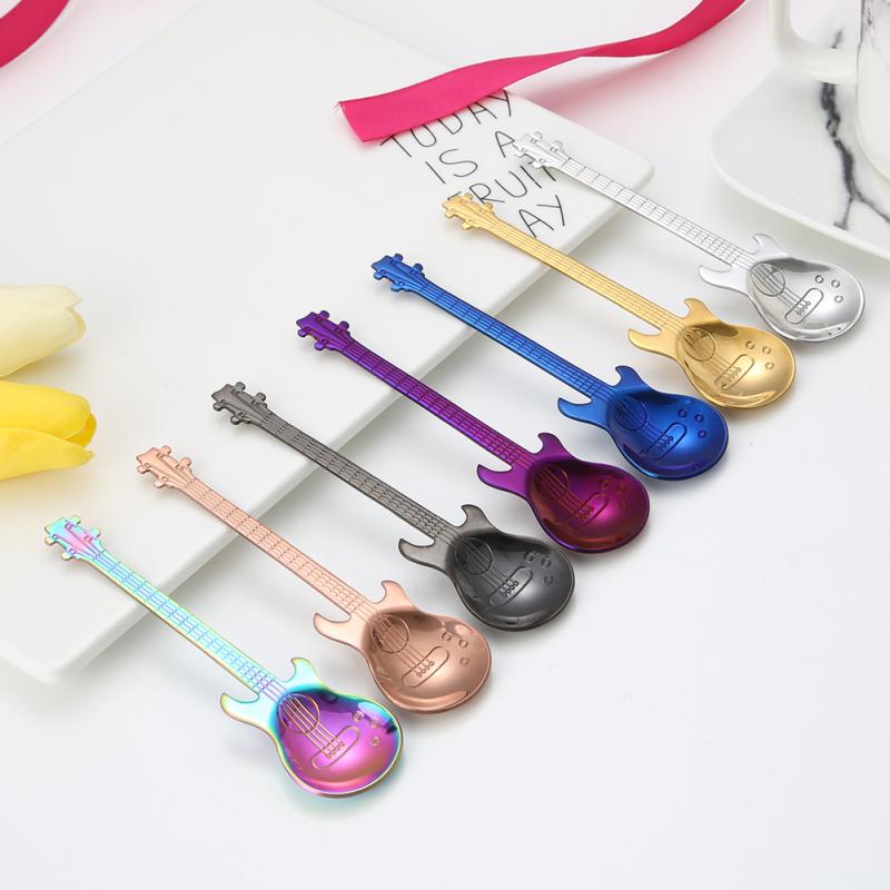 1pcs Stainless Steel Guitar Shaped Coffee Spoon Teaspoon Musical Coffee Spoons Teaspoons Mixing Spoons Kitchen Dining Bar Tools