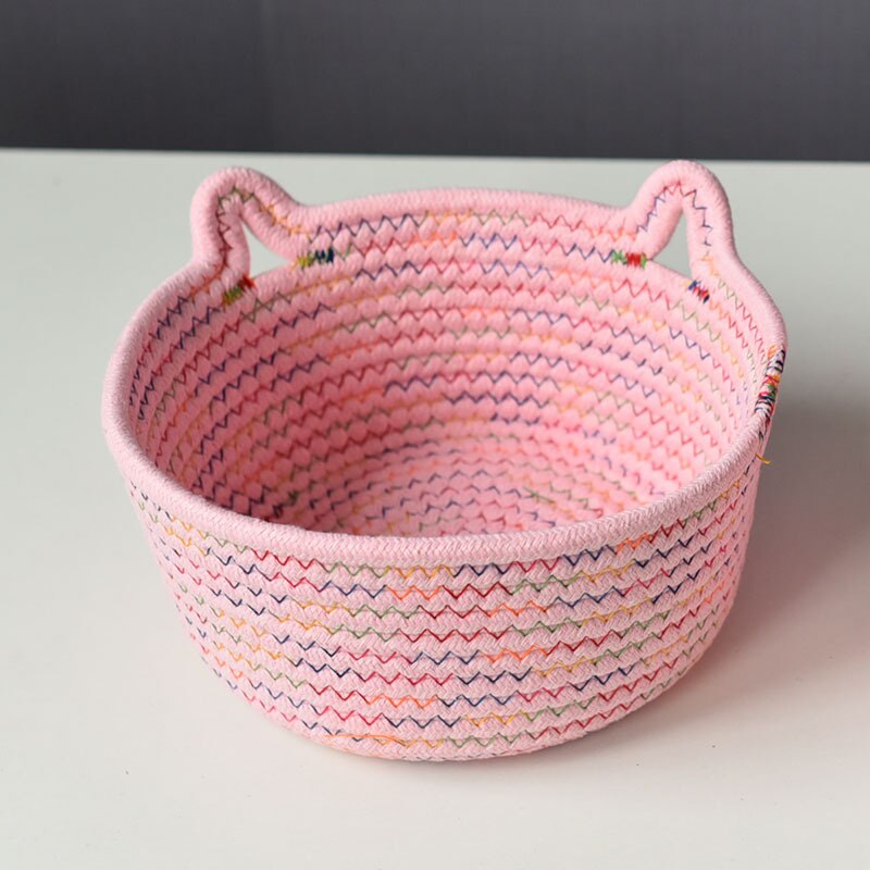 Box Fabric Office Storage Basket Decorative Accessories Cat Ear Desktop Hand-woven Cotton Rope Key Sundries Snack Basket: Pink / M 21X12CM