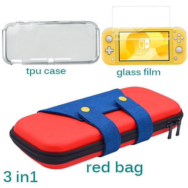 3 In 1 for Nintend Switch Lite Carrying Bag Switch Mini Protector Case for Nintendo Switch Mini Accessories Storage Glass Film: red 3 in1