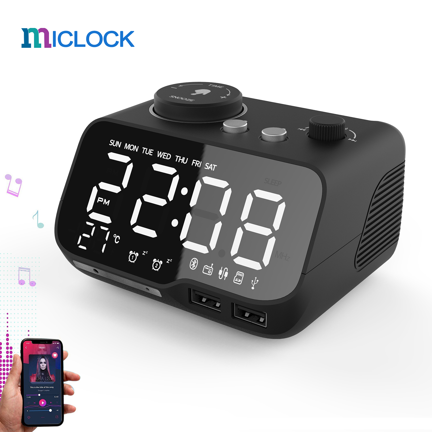 Miclock【actualizado-reloj despertador con cargador USB, despertador Digital LED con Radio FM, Altavoz Bluetooth, temperatura, repetición