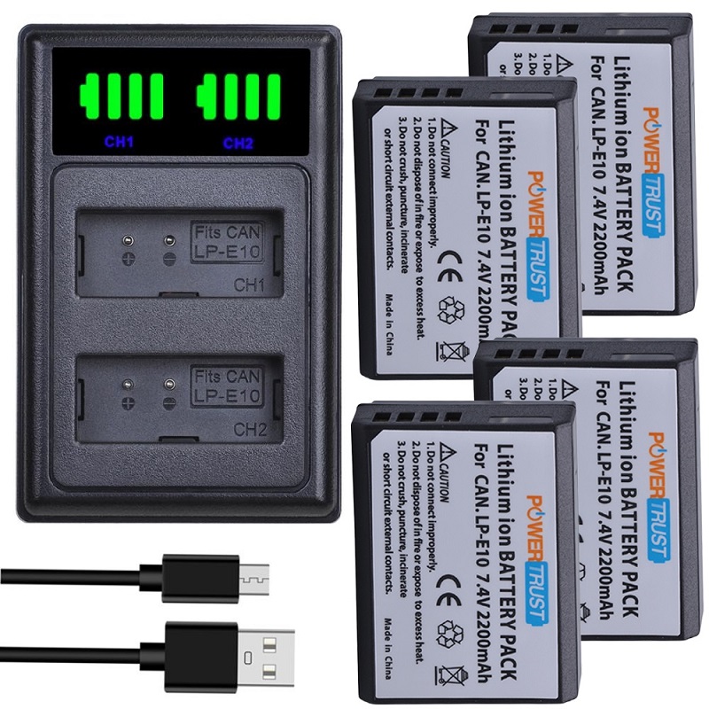 LP-E10 Battery and Dual Charger for Canon EOS Rebel T6, T7, T3, T5,Kiss X50, Kiss X70, EOS 1100D, EOS 1200D, EOS 1300D / 2000D: 4 pack kit