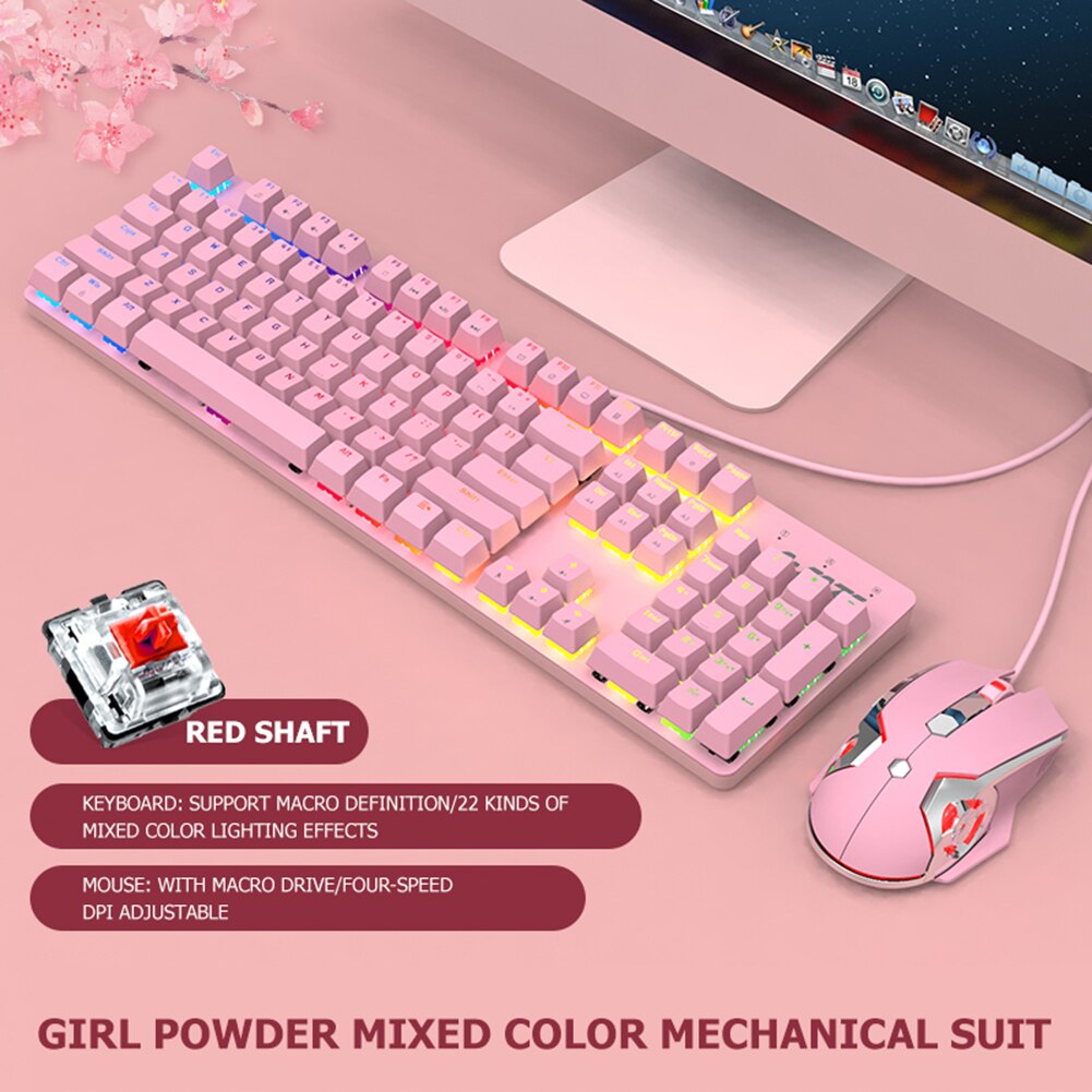 USB Wired Pink Real Mechanical Keyboard and Mouse Set with Blue Switch Cute Girls E-sports Gamer Computer Peripherals Keyboard: Red Switch	